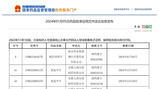 晶易動態 | 吡拉西坦片、奧氮平片獲批并視同過評